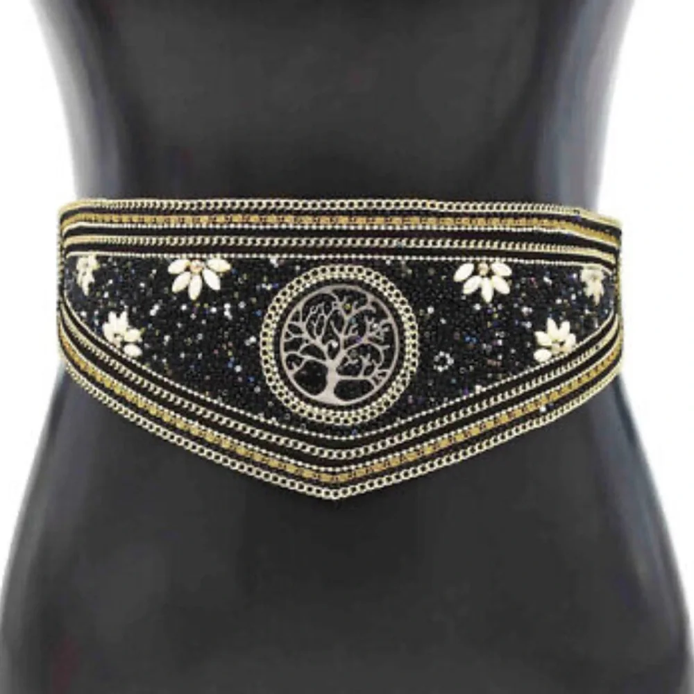 Boho tree of life belt beaded stretch 29” - 32” waist festival renfaire